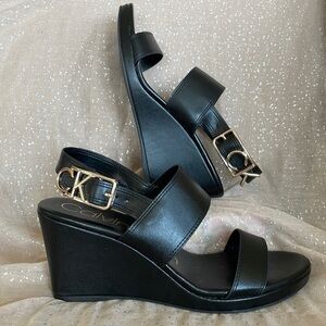 Brand New Calvin Klein Platform Black & Gold Tone Ankle Strap Buckle Sandals